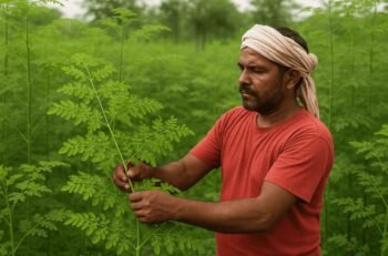 Moringa Leaves Farming - farmer carefully harvests moringa leaves in a lush green field, surrounded by healthy moringa plants
