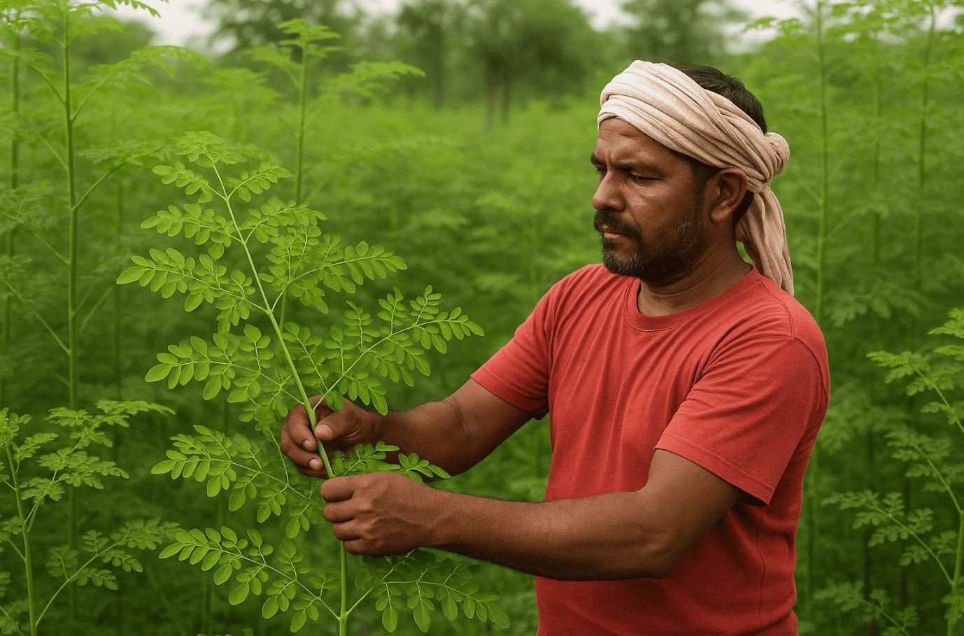 Moringa Leaves Farming - farmer carefully harvests moringa leaves in a lush green field, surrounded by healthy moringa plants