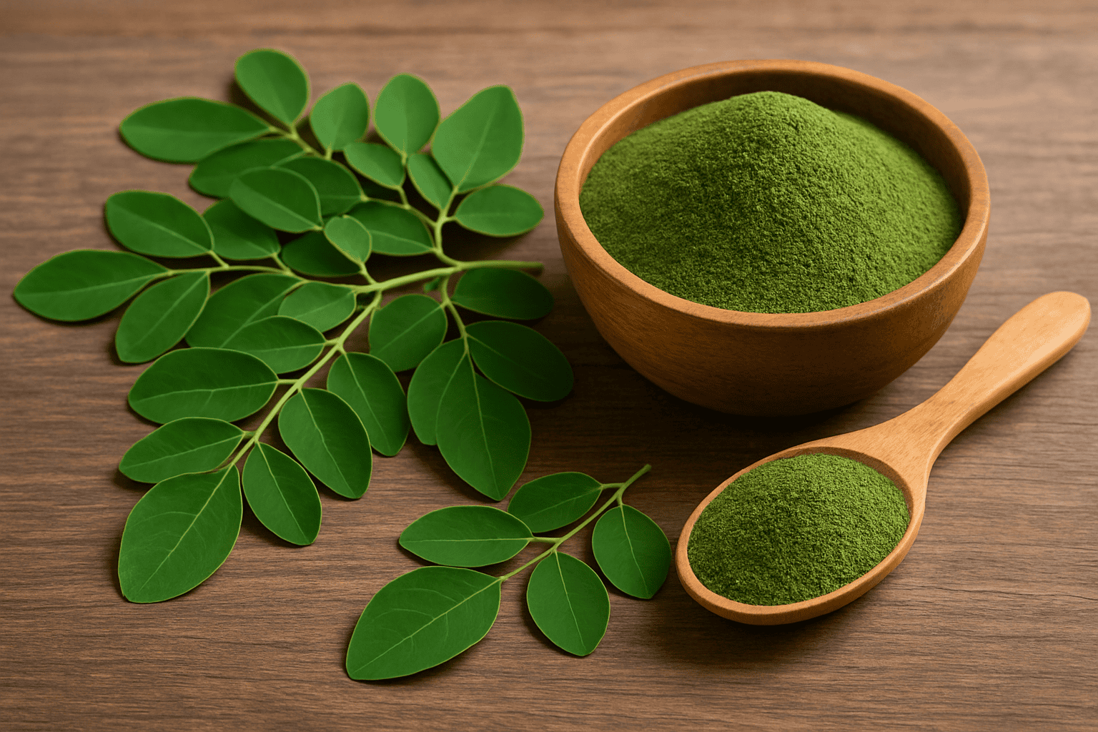 Fresh moringa leaves next to a wooden bowl and spoon filled with green moringa powder on a wooden surface.