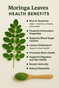 Moringa Leaves -Infographic featuring moringa leaves and a list of eight key health benefits on a beige background.